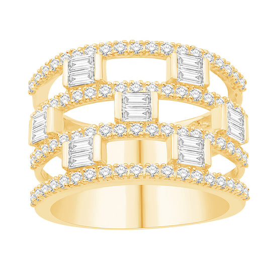 This Fashion Ring is available in 14K Yellow Gold. There are a total of 90 stones. There are Baguette with a total carat weight of 0.45 set in a Bezel Set|Channel Set|Micro Prong setting.There are Rounds stones with a total carat weight of 0.72 set in a Bezel Set|Channel Set|Micro Prong.