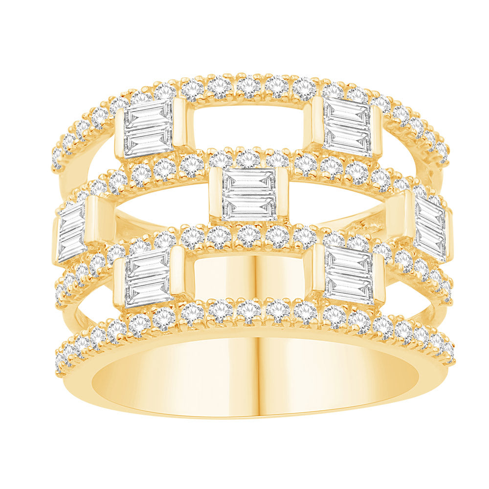 This Fashion Ring is available in 14K Yellow Gold. There are a total of 90 stones. There are Baguette with a total carat weight of 0.45 set in a Bezel Set|Channel Set|Micro Prong setting.There are Rounds stones with a total carat weight of 0.72 set in a Bezel Set|Channel Set|Micro Prong.