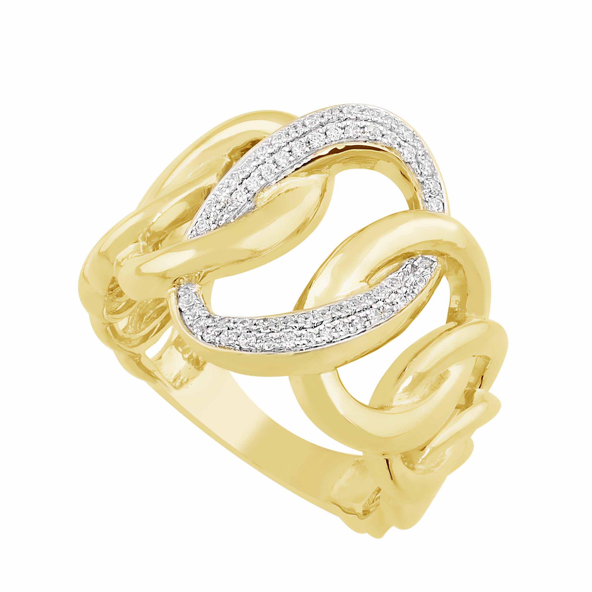This Fashion Ring is available in 14K Yellow Gold. There are a total of 58 stones. There are Rounds with a total carat weight of 0.2 set in a Micro Prong setting.