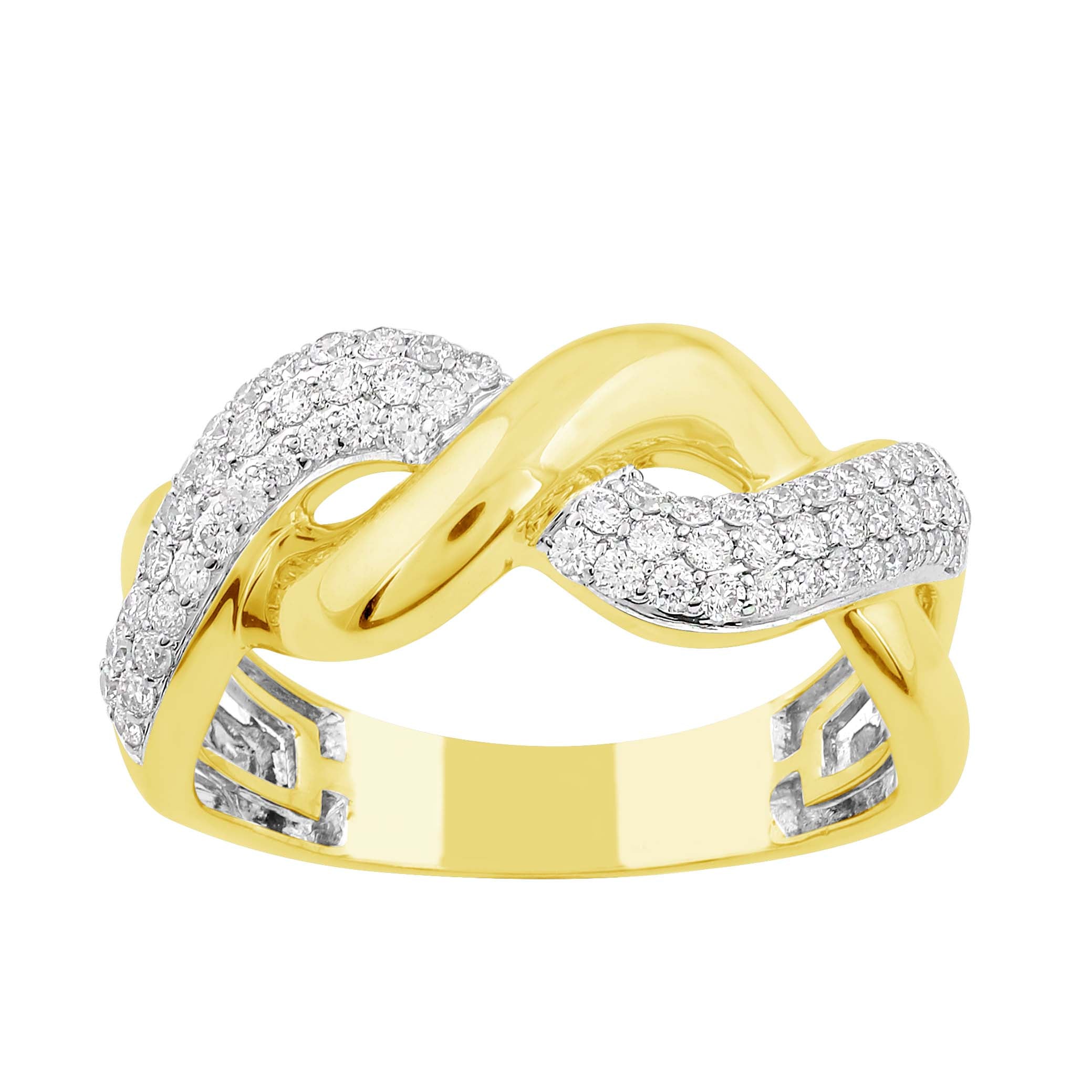 This Fashion Ring is available in 14K Yellow Gold. There are a total of 70 stones. There are Rounds with a total carat weight of 0.48 set in a Prong Set setting.