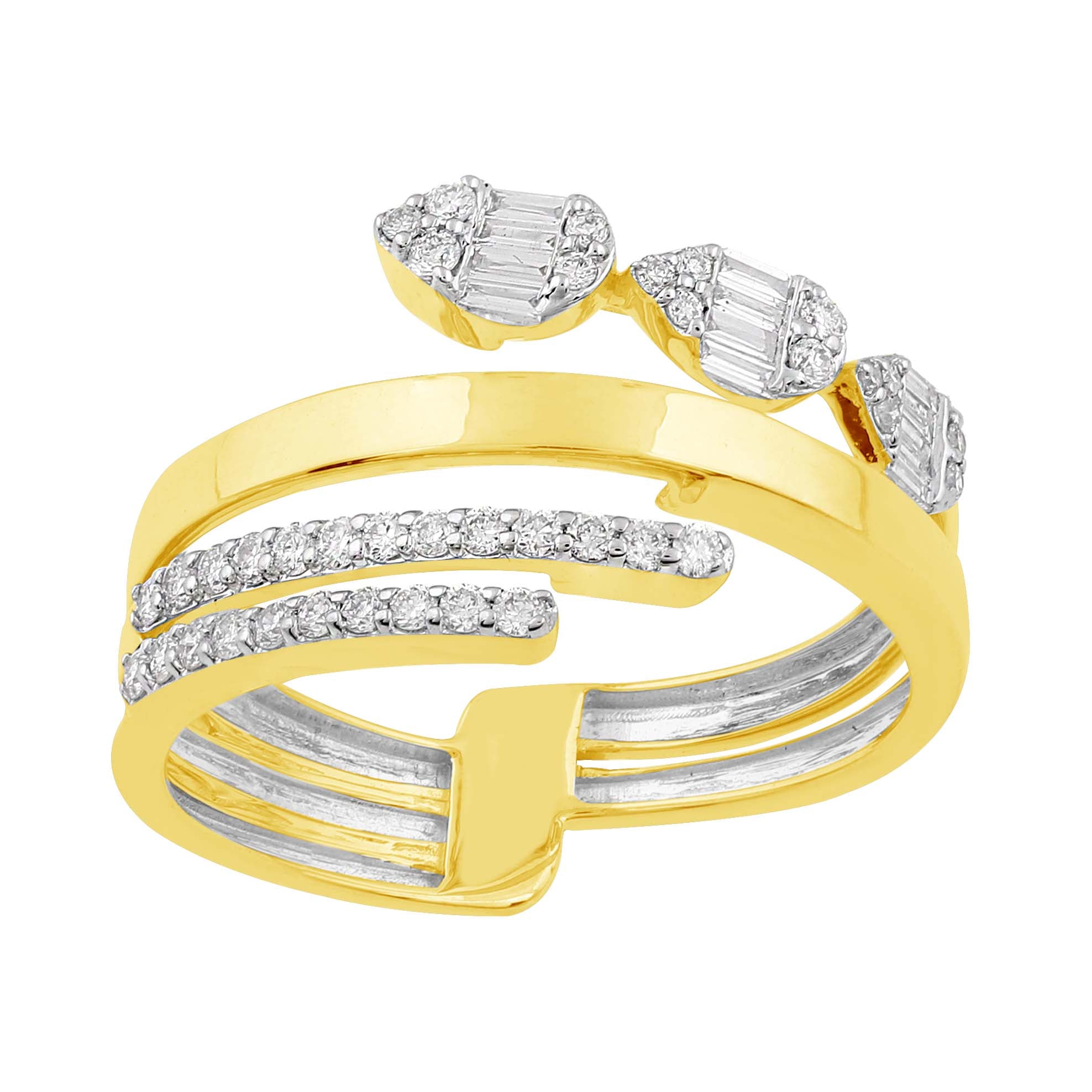 This Fashion Ring is available in 14K Yellow Gold. There are a total of 47 stones. There are Baguette with a total carat weight of 0.1 set in a Micro Pave|Micro Prong setting.There are Rounds stones with a total carat weight of 0.23 set in a Micro Pave|Micro Prong.