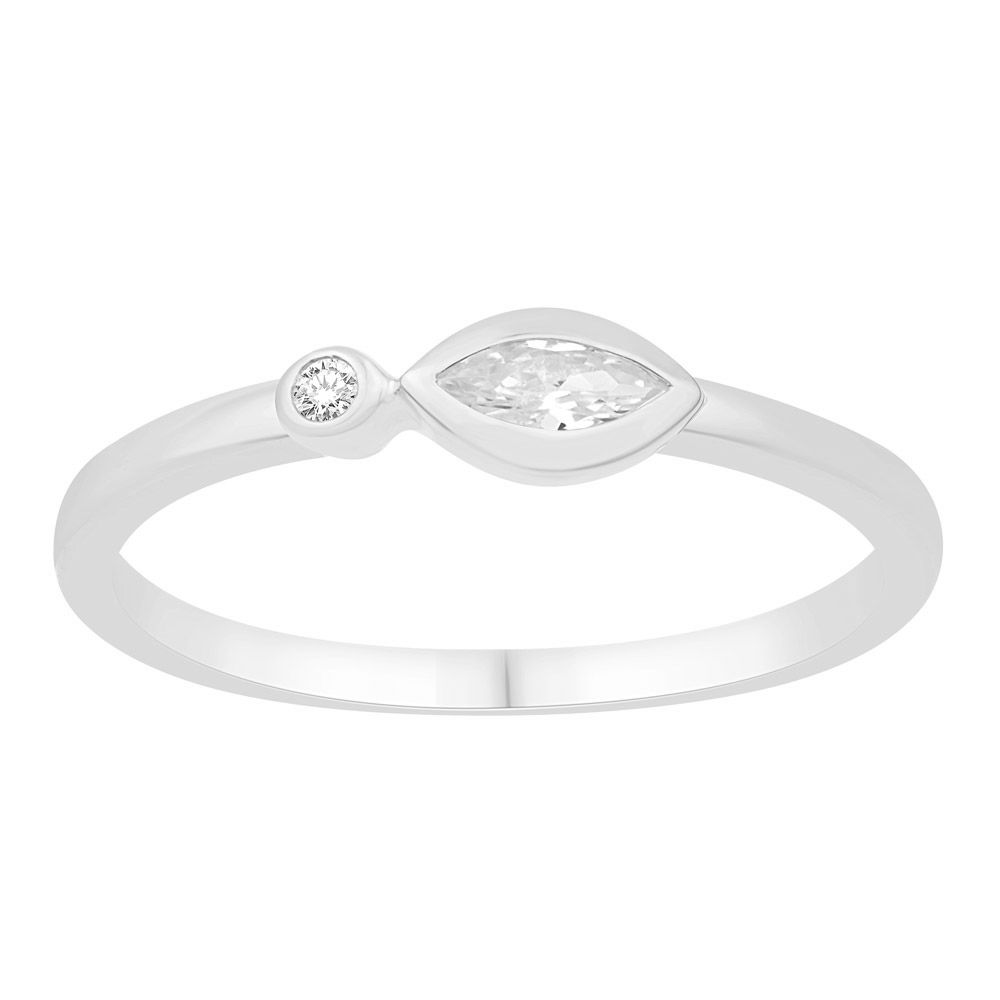 This Fashion Ring is available in 14K White Gold. There are a total of 2 stones. There are Marquise with a total carat weight of 0.14 set in a Bezel Set setting.There are Rounds stones with a total carat weight of 0.02 set in a Bezel Set.