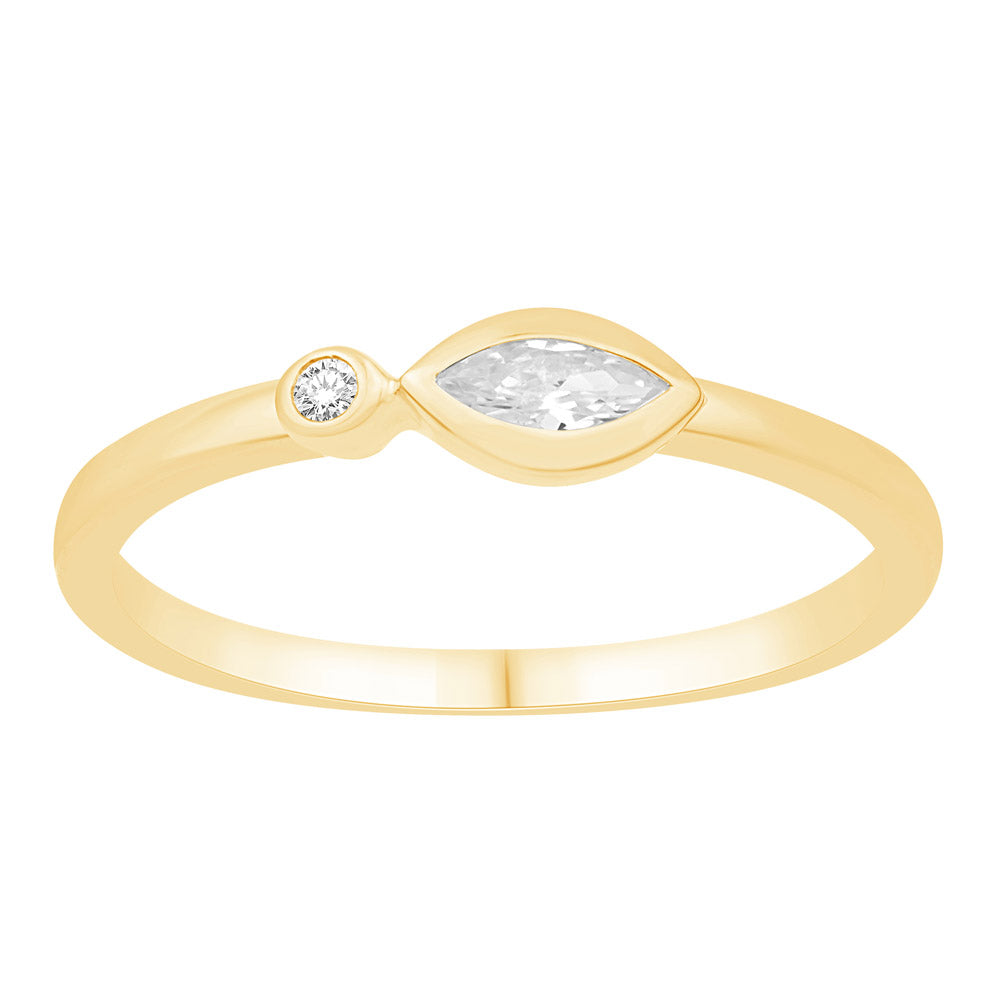 This Fashion Ring is available in 14K Yellow Gold. There are a total of 2 stones. There are Marquise with a total carat weight of 0.14 set in a Bezel Set setting.There are Rounds stones with a total carat weight of 0.02 set in a Bezel Set.