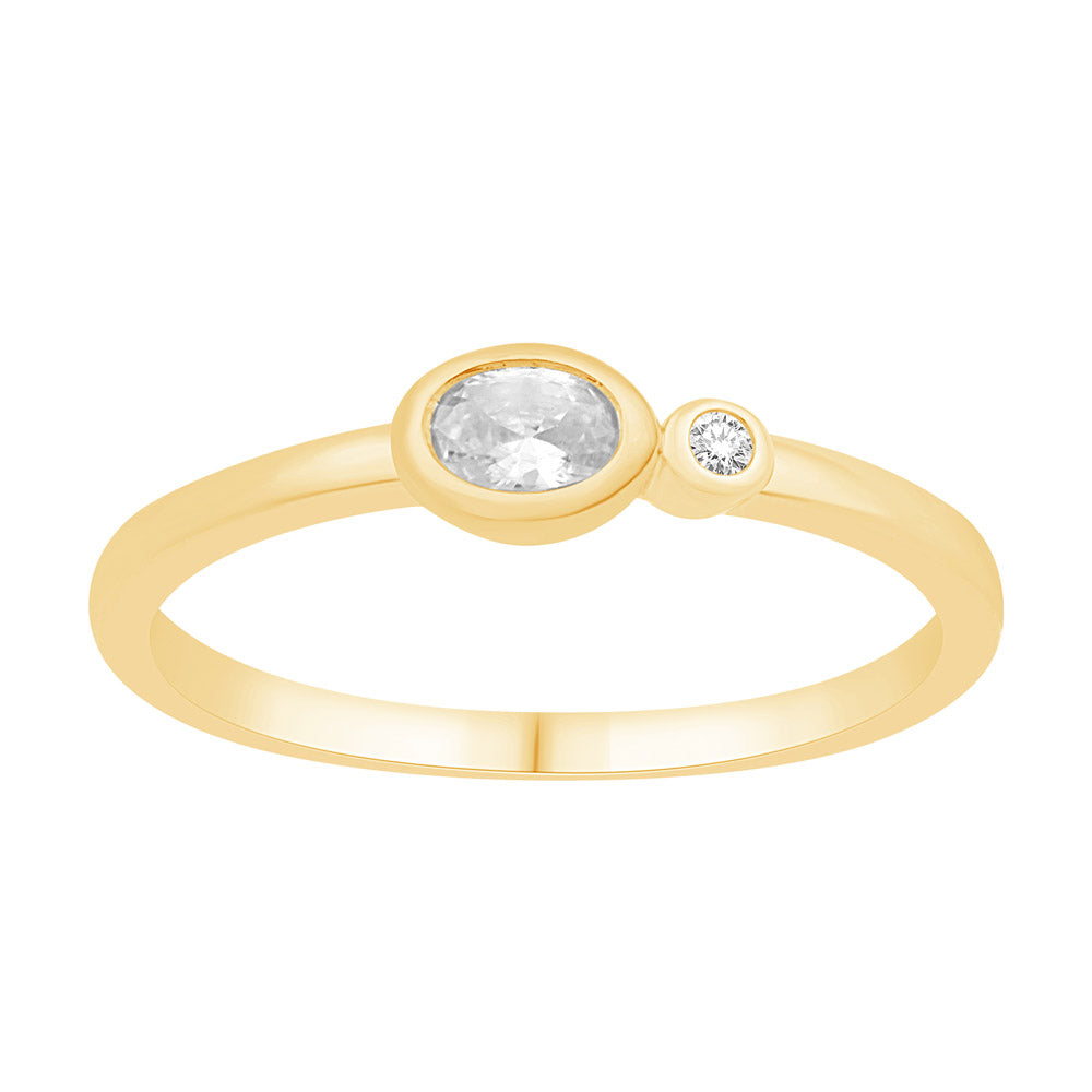 This Fashion Ring is available in 14K Yellow Gold. There are a total of 2 stones. There are Oval with a total carat weight of 0.15 set in a Bezel Set setting.There are Rounds stones with a total carat weight of 0.02 set in a Bezel Set.
