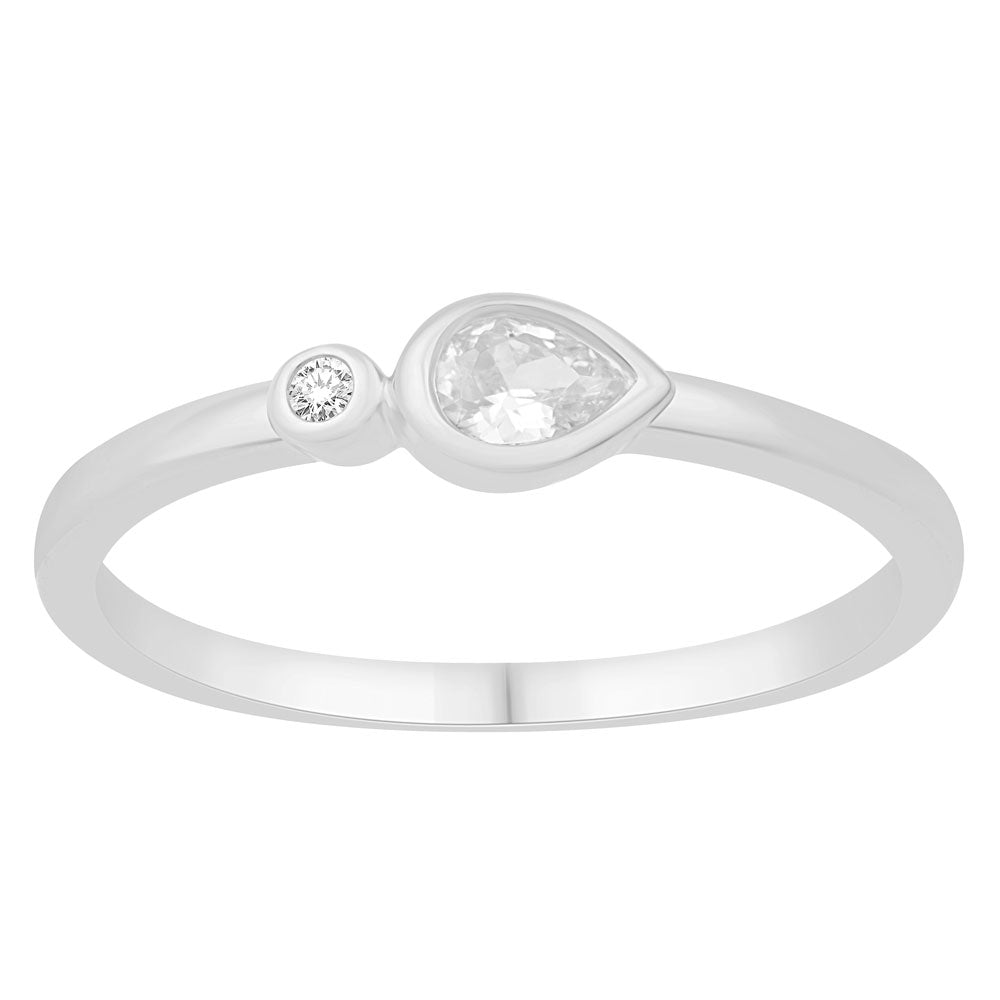This Fashion Ring is available in 14K White Gold. There are a total of 2 stones. There are Pear Shape with a total carat weight of 0.15 set in a Bezel Set setting.There are Rounds stones with a total carat weight of 0.02 set in a Bezel Set.