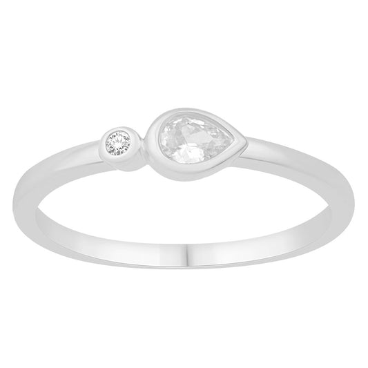 This Fashion Ring is available in 14K White Gold. There are a total of 2 stones. There are Pear Shape with a total carat weight of 0.15 set in a Bezel Set setting.There are Rounds stones with a total carat weight of 0.02 set in a Bezel Set.
