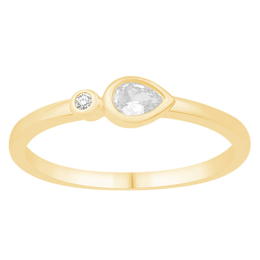This Fashion Ring is available in 14K Yellow Gold. There are a total of 2 stones. There are Pear Shape with a total carat weight of 0.15 set in a Bezel Set setting.There are Rounds stones with a total carat weight of 0.02 set in a Bezel Set.