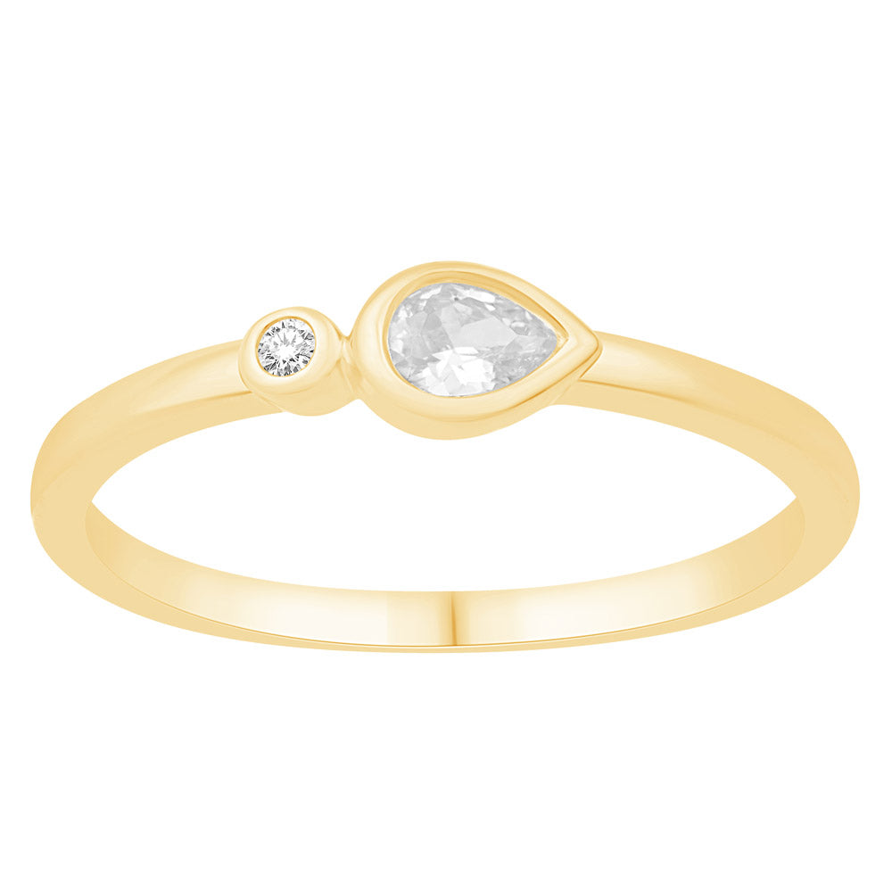 This Fashion Ring is available in 14K Yellow Gold. There are a total of 2 stones. There are Pear Shape with a total carat weight of 0.15 set in a Bezel Set setting.There are Rounds stones with a total carat weight of 0.02 set in a Bezel Set.