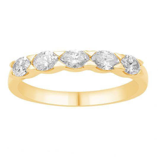 This Fashion Ring is available in 14K Yellow Gold. There are a total of 5 stones. There are Oval with a total carat weight of 0.76 set in a Channel Set setting.