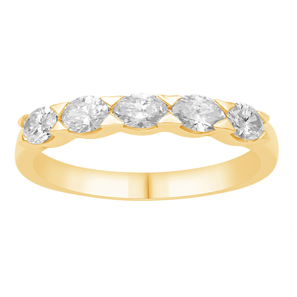 This Fashion Ring is available in 14K Yellow Gold. There are a total of 5 stones. There are Oval with a total carat weight of 0.76 set in a Channel Set setting.
