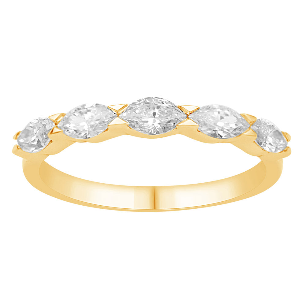 This Fashion Ring is available in 14K Yellow Gold. There are a total of 5 stones. There are Marquise with a total carat weight of 0.72 set in a Channel Set setting.