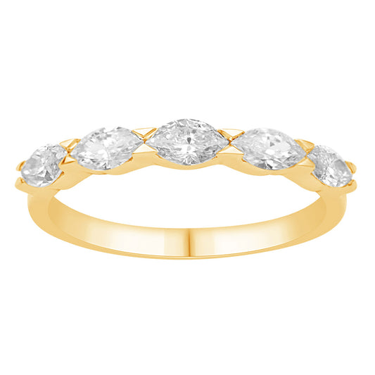 This Fashion Ring is available in 14K Yellow Gold. There are a total of 5 stones. There are Marquise with a total carat weight of 0.72 set in a Channel Set setting.