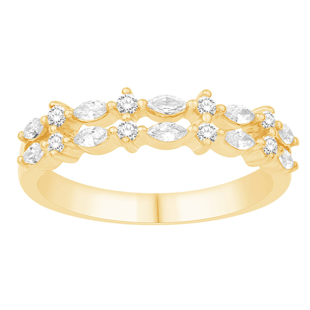 This Fashion Ring is available in 14K Yellow Gold. There are a total of 18 stones. There are Marquise with a total carat weight of 0.36 set in a Prong Set setting.There are Rounds stones with a total carat weight of 0.12 set in a Prong Set.