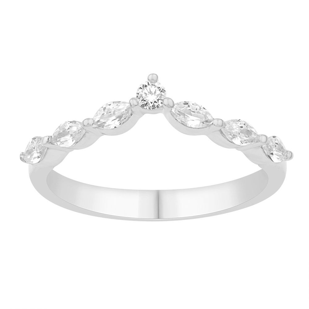 This Band is available in 14K White Gold. There are a total of 7 stones. There are Marquise with a total carat weight of 0.28 set in a Bar Set setting.There are Round stones with a total carat weight of 0.05 set in a Bar Set.