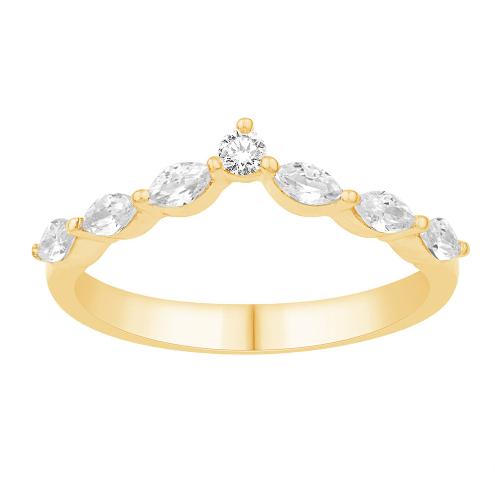 This Band is available in 14K Yellow Gold. There are a total of 7 stones. There are Marquise with a total carat weight of 0.28 set in a Bar Set setting.There are Round stones with a total carat weight of 0.05 set in a Bar Set.