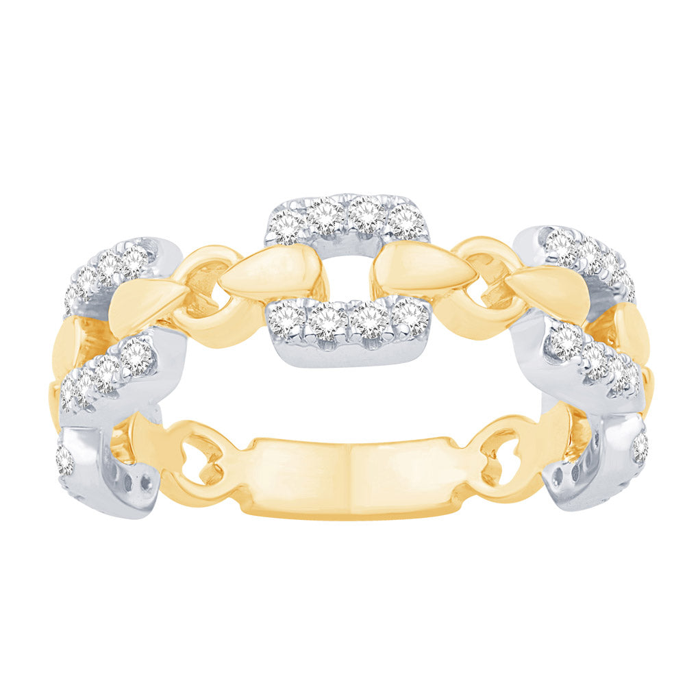 This Fashion Ring is available in 14K Yellow & White Gold. There are a total of 40 stones. There are Rounds with a total carat weight of 0.37 set in a Micro Prong setting.