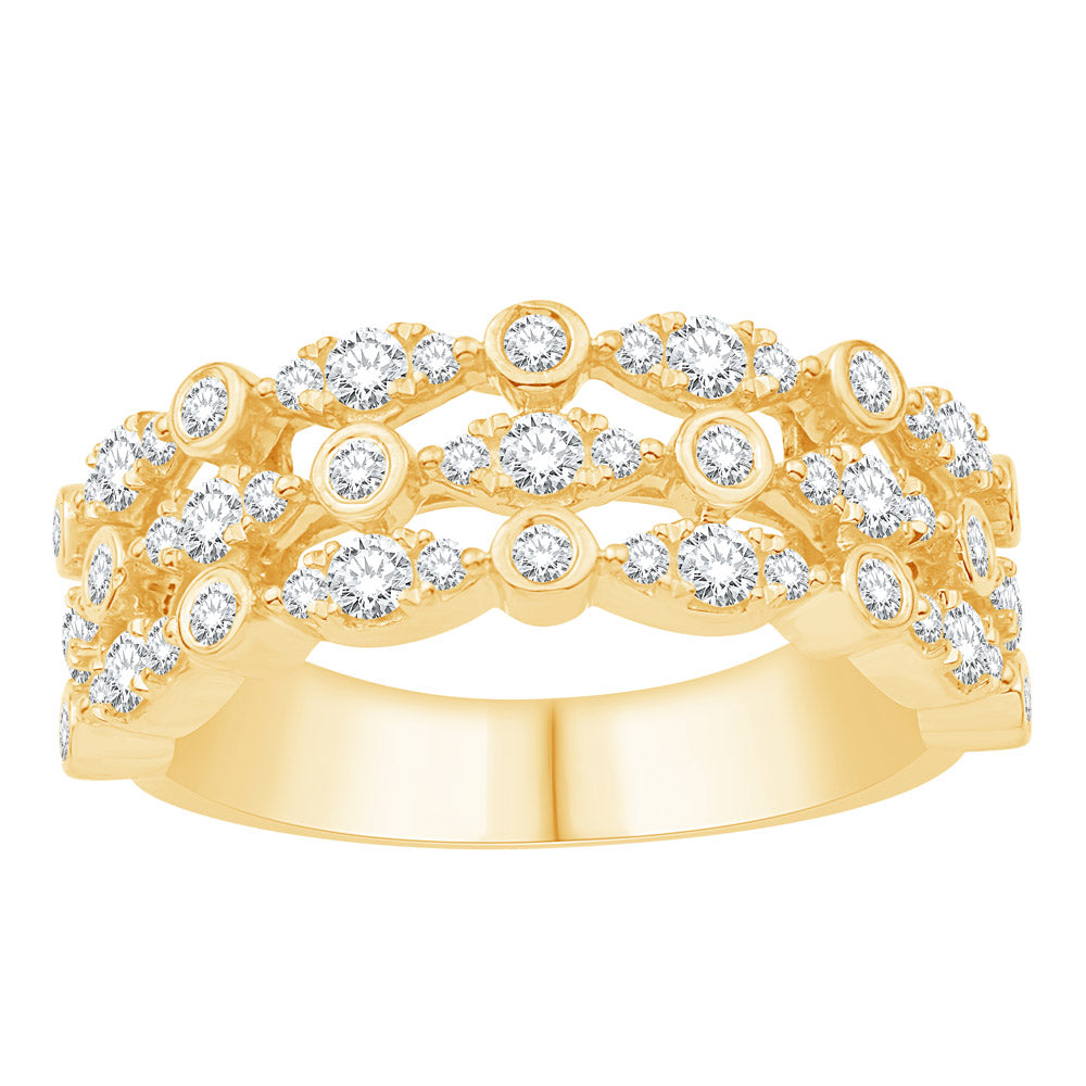 This Fashion Ring is available in 14K Yellow Gold. There are a total of 53 stones. There are Rounds with a total carat weight of 0.82 set in a Bezel Set|Micro Prong|Prong Set setting.