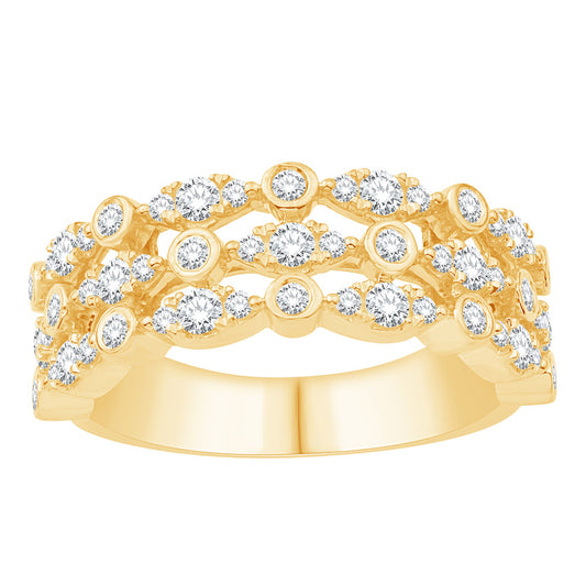 This Fashion Ring is available in 14K Yellow Gold. There are a total of 53 stones. There are Rounds with a total carat weight of 0.82 set in a Bezel Set|Micro Prong|Prong Set setting.
