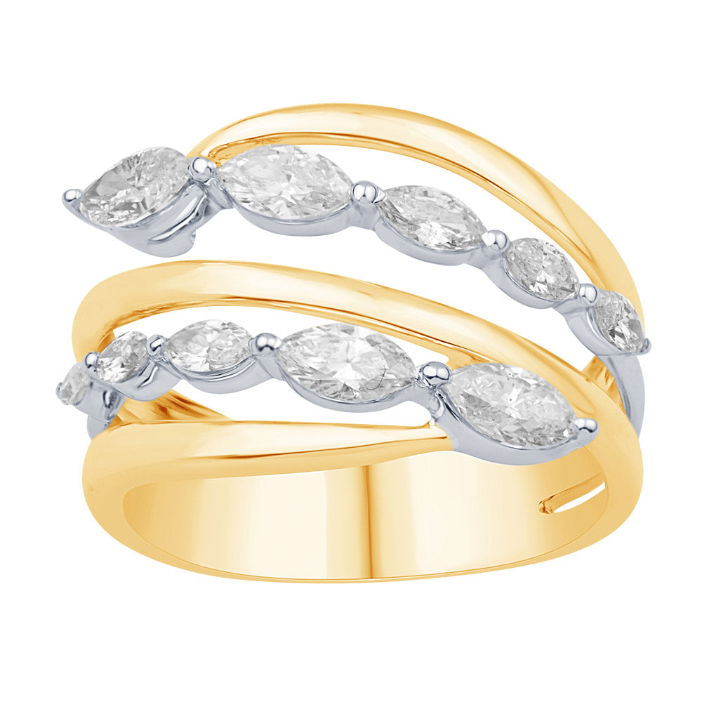 This Fashion Ring is available in 14K Yellow & White Gold. There are a total of 10 stones. There are Marquise with a total carat weight of 1.1 set in a Prong Set setting.