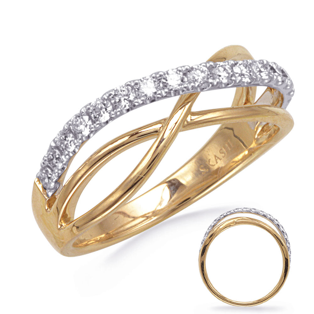 This Fashion Ring is available in 14K Yellow & White Gold. There are a total of 18 stones. There are Rounds with a total carat weight of 0.41 set in a Prong Set setting.