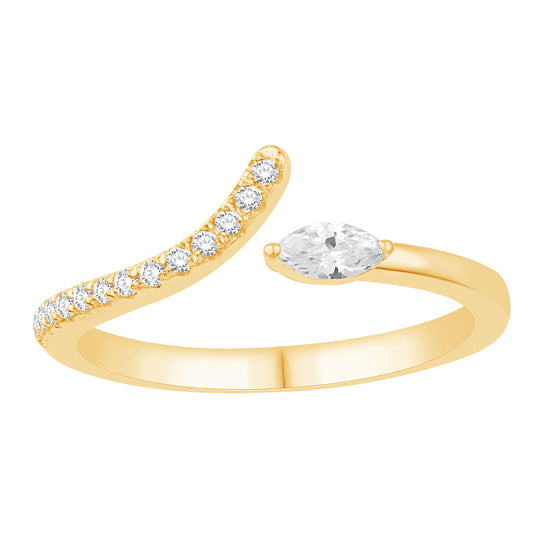 This Fashion Ring is available in 14K Yellow Gold. There are a total of 15 stones. There are Marquise with a total carat weight of 0.1 set in a Micro Prong|Prong Set setting.There are Rounds stones with a total carat weight of 0.11 set in a Micro Prong|Prong Set.