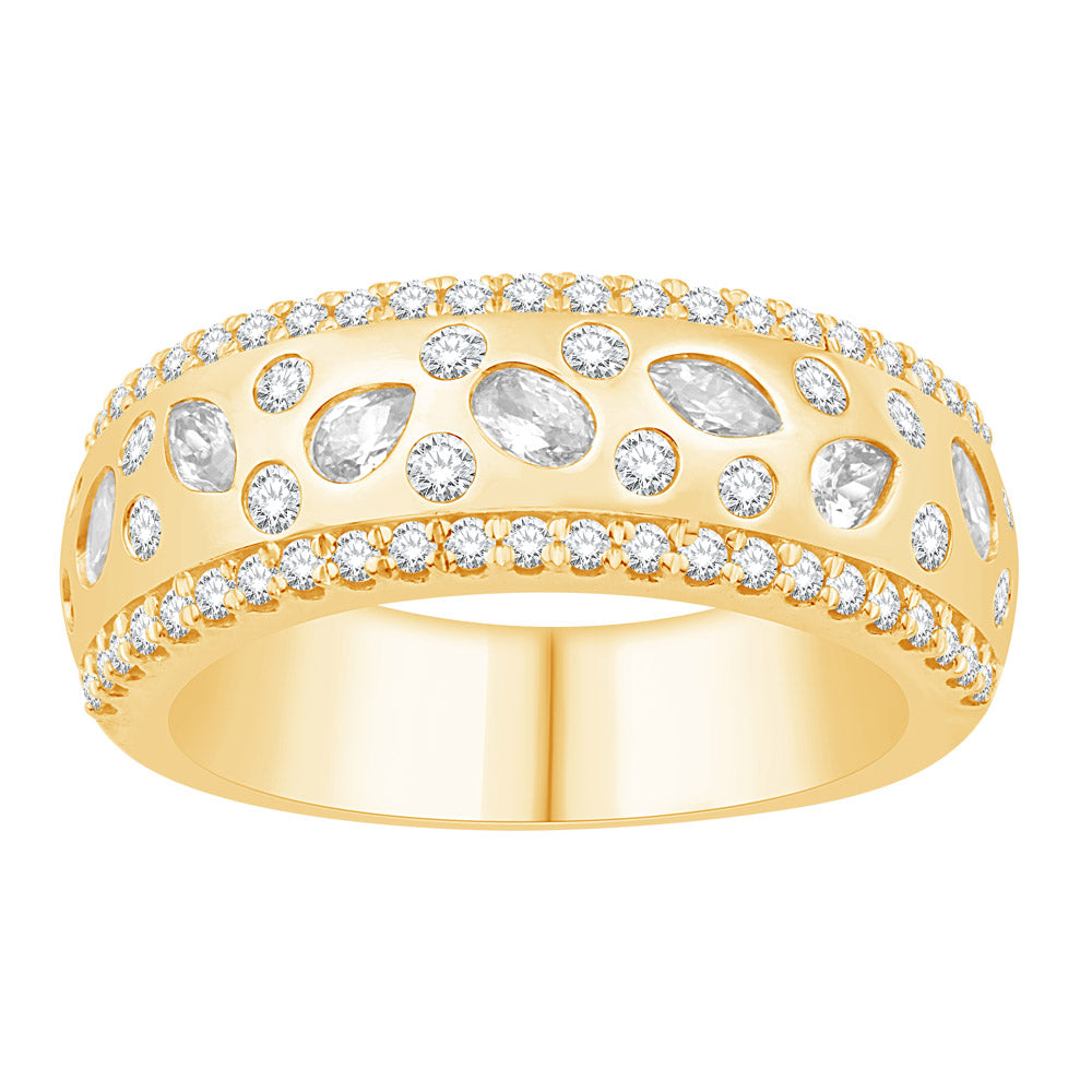 This Fashion Ring is available in 14K Yellow Gold. There are a total of 69 stones. There are Marquise with a total carat weight of 0.11 set in a Bezel Set|Micro Prong setting.There are Oval stones with a total carat weight of 0.16 set in a Bezel Set|Micro Prong.