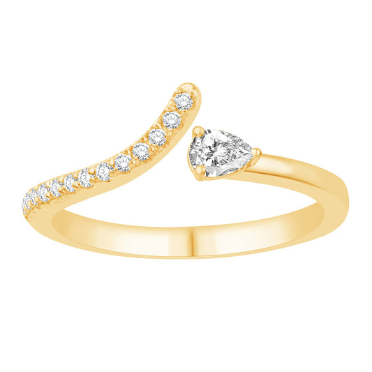 This Fashion Ring is available in 14K Yellow Gold. There are a total of 15 stones. There are Pear Shape with a total carat weight of 0.12 set in a Micro Prong|Prong Set setting.There are Rounds stones with a total carat weight of 0.11 set in a Micro Prong|Prong Set.
