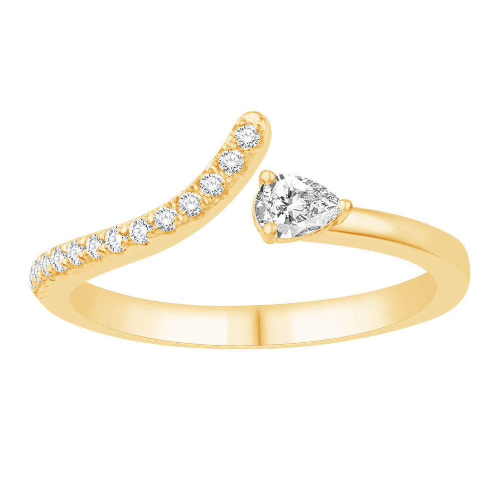 This Fashion Ring is available in 14K Yellow Gold. There are a total of 15 stones. There are Pear Shape with a total carat weight of 0.12 set in a Micro Prong|Prong Set setting.There are Rounds stones with a total carat weight of 0.11 set in a Micro Prong|Prong Set.
