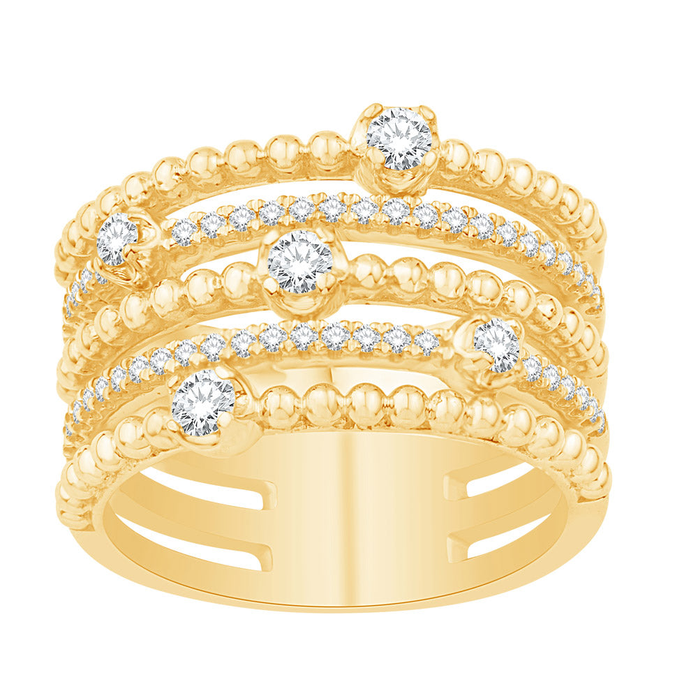 This Fashion Ring is available in 14K Yellow Gold. There are a total of 53 stones. There are Rounds with a total carat weight of 0.5 set in a Micro Prong|Prong Set setting.