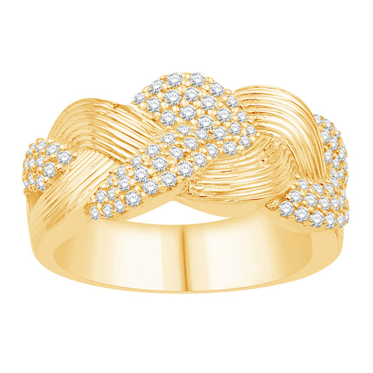This Fashion Ring is available in 14K Yellow Gold. There are a total of 98 stones. There are Rounds with a total carat weight of 0.49 set in a Micro Prong setting.