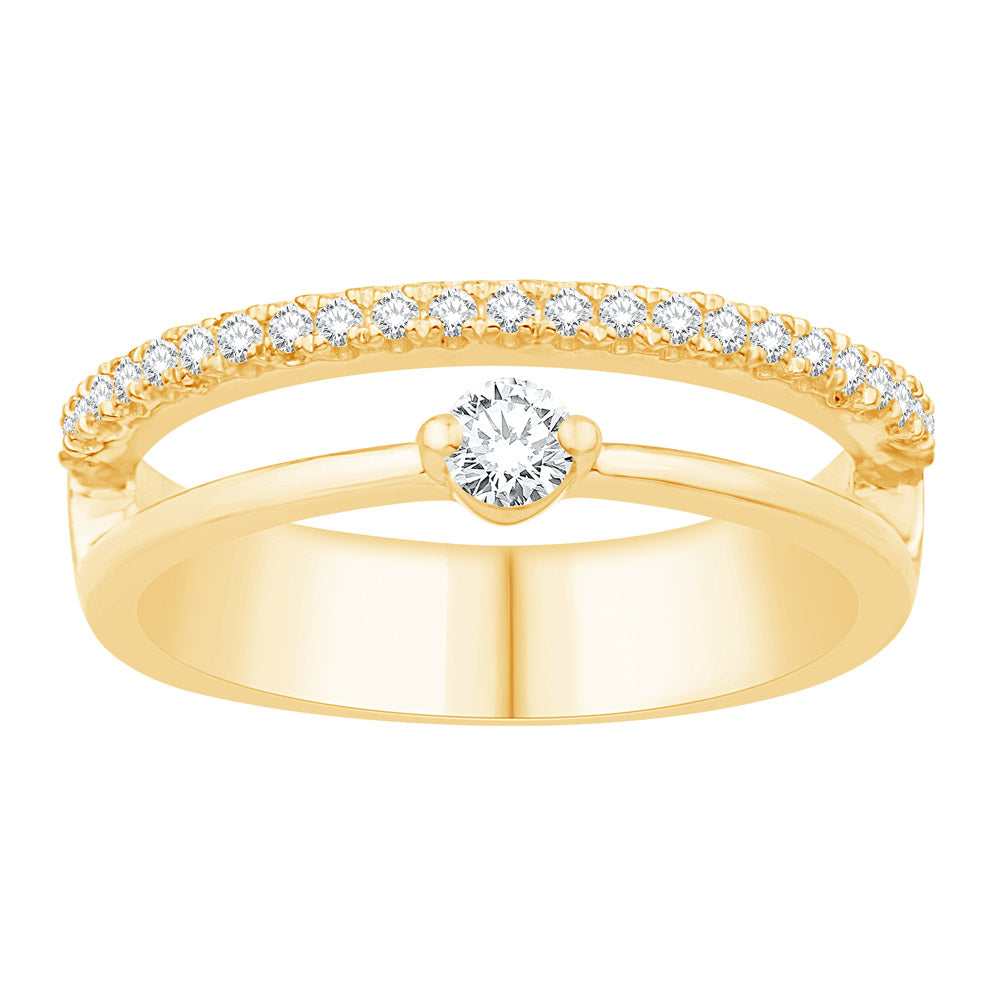 This Fashion Ring is available in 14K Yellow Gold. There are a total of 24 stones. There are Rounds with a total carat weight of 0.27 set in a Micro Prong|Prong Set setting.