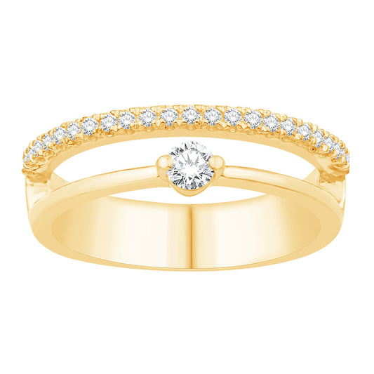 This Fashion Ring is available in 14K Yellow Gold. There are a total of 24 stones. There are Rounds with a total carat weight of 0.27 set in a Micro Prong|Prong Set setting.
