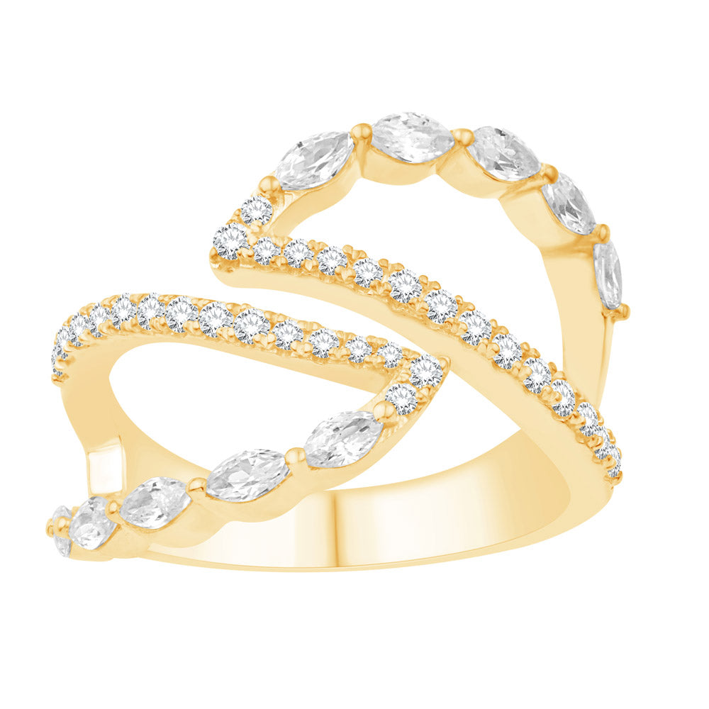 This Fashion Ring is available in 14K Yellow Gold. There are a total of 40 stones. There are Marquise with a total carat weight of 0.52 set in a Micro Prong|Prong Set setting.There are Rounds stones with a total carat weight of 0.3 set in a Micro Prong|Prong Set.