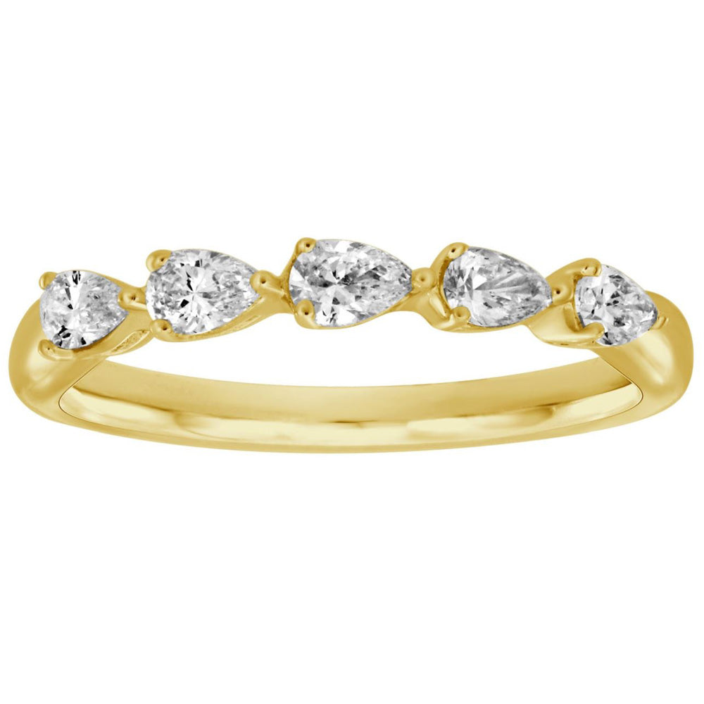 This Fashion Ring is available in 14K Yellow Gold. There are a total of 5 stones. There are Pear Shape with a total carat weight of 0.51 set in a Shared Prongs setting.