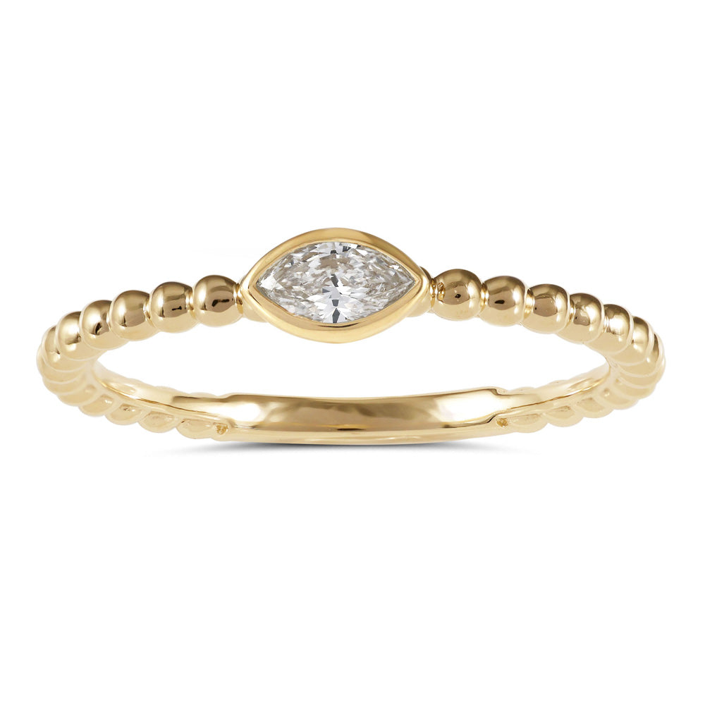 This Fashion Ring is available in 14K Yellow Gold. There are a total of 1 stones. There are Marquise with a total carat weight of 0.16 set in a Bezel Set setting.