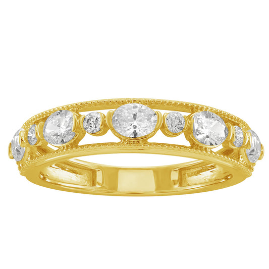 This Fashion Ring is available in 14K Yellow Gold. There are a total of 9 stones. There are Oval with a total carat weight of 0.74 set in a Shared Prongs setting.There are Rounds stones with a total carat weight of 0.11 set in a Shared Prongs.