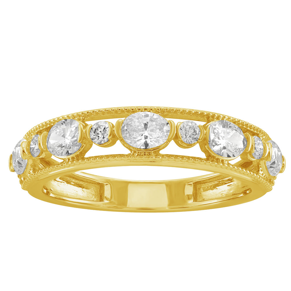 This Fashion Ring is available in 14K Yellow Gold. There are a total of 9 stones. There are Oval with a total carat weight of 0.74 set in a Shared Prongs setting.There are Rounds stones with a total carat weight of 0.11 set in a Shared Prongs.