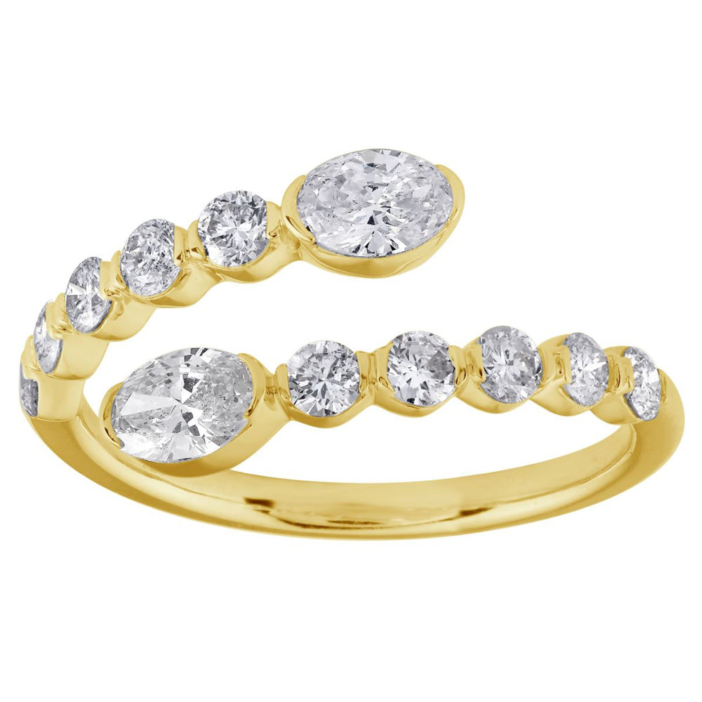 This Fashion Ring is available in 14K Yellow Gold. There are a total of 12 stones. There are Oval with a total carat weight of 0.5 set in a Shared Prongs setting.There are Rounds stones with a total carat weight of 0.52 set in a Shared Prongs.