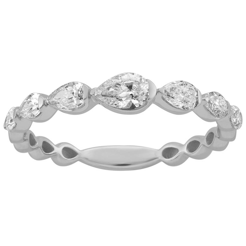This Fashion Ring is available in 14K White Gold. There are a total of 7 stones. There are Pear Shape with a total carat weight of 0.56 set in a Shared Prongs setting.