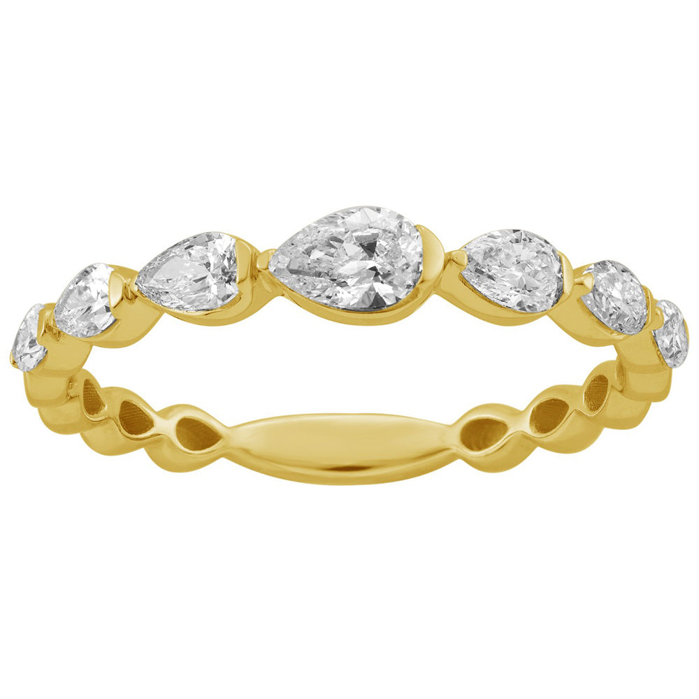 This Fashion Ring is available in 14K Yellow Gold. There are a total of 7 stones. There are Pear Shape with a total carat weight of 0.56 set in a Shared Prongs setting.