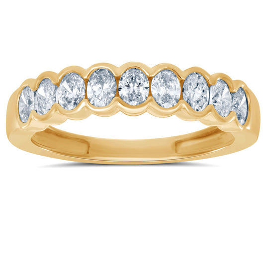 This Fashion Ring is available in 14K Yellow Gold. There are a total of 9 stones. There are Oval with a total carat weight of 0.82 set in a Channel Set setting.