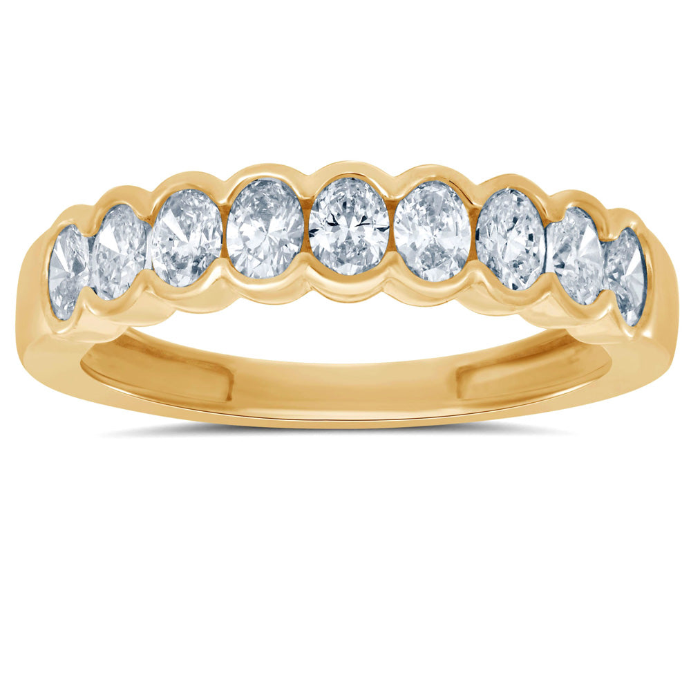 This Fashion Ring is available in 14K Yellow Gold. There are a total of 9 stones. There are Oval with a total carat weight of 0.82 set in a Channel Set setting.