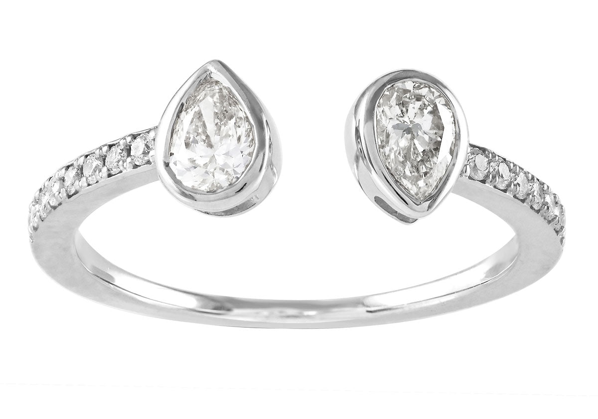 This Fashion Ring is available in 14K White Gold. There are a total of 18 stones. There are Pear Shape with a total carat weight of 0.42 set in a Bezel Set|Prong Set setting.There are Rounds stones with a total carat weight of 0.1 set in a Bezel Set|Prong Set.