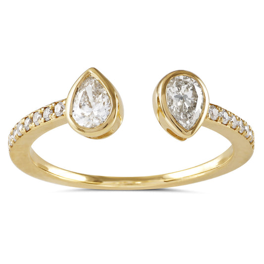 This Fashion Ring is available in 14K Yellow Gold. There are a total of 18 stones. There are Pear Shape with a total carat weight of 0.42 set in a Bezel Set|Prong Set setting.There are Rounds stones with a total carat weight of 0.1 set in a Bezel Set|Prong Set.