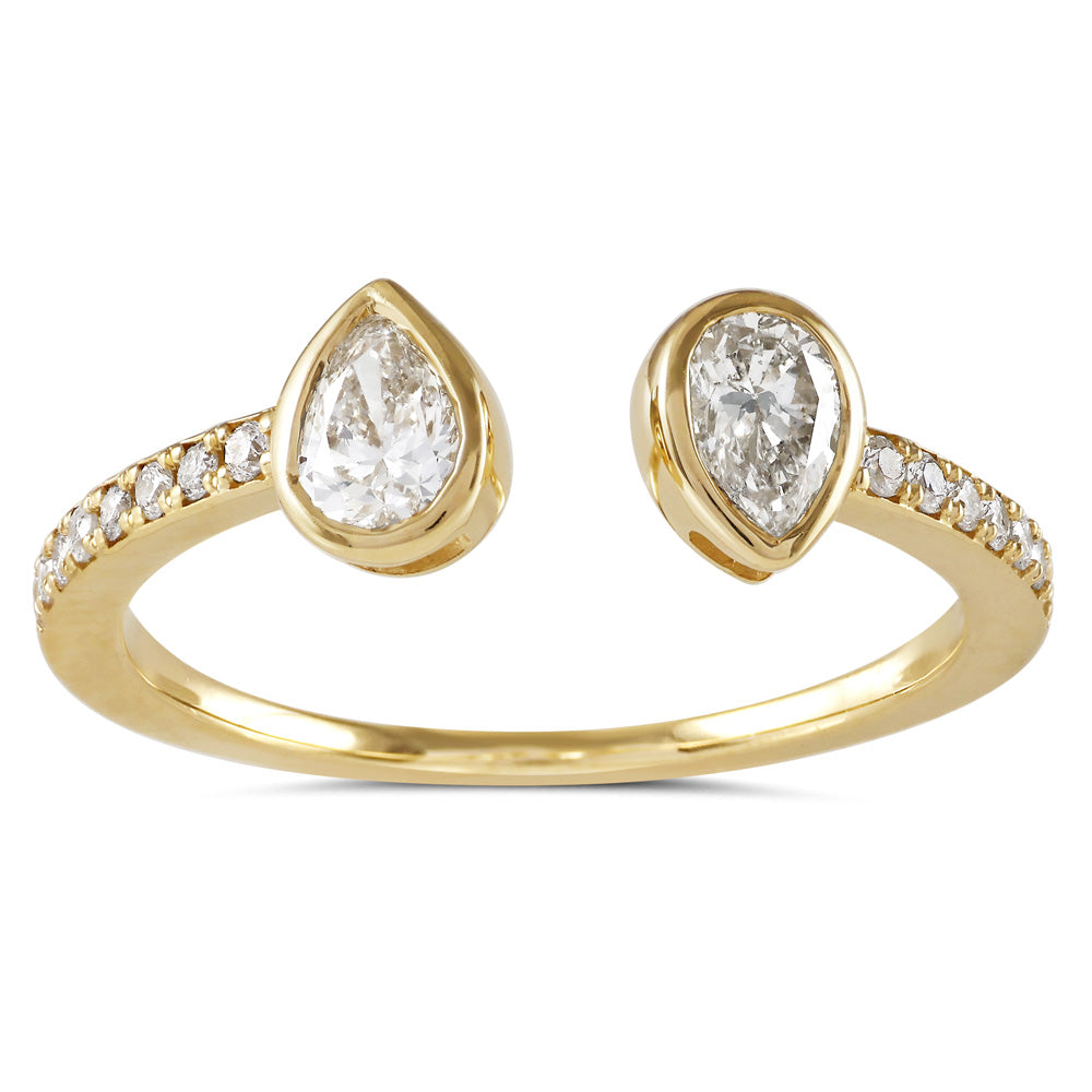 This Fashion Ring is available in 14K Yellow Gold. There are a total of 18 stones. There are Pear Shape with a total carat weight of 0.42 set in a Bezel Set|Prong Set setting.There are Rounds stones with a total carat weight of 0.1 set in a Bezel Set|Prong Set.