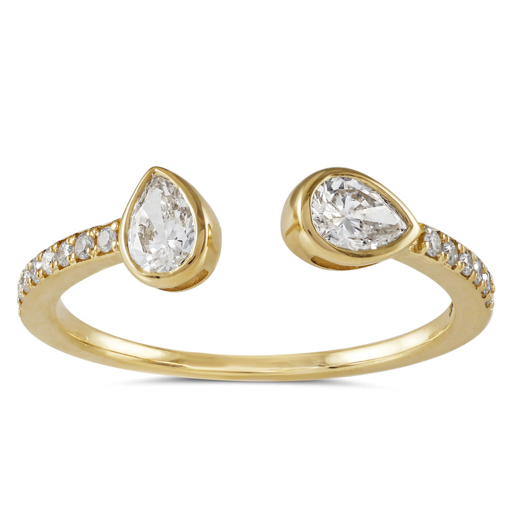 This Fashion Ring is available in 14K Yellow Gold. There are a total of 17 stones. There are Pear Shape with a total carat weight of 0.43 set in a Bezel Set|Micro Prong setting.There are Rounds stones with a total carat weight of 0.09 set in a Bezel Set|Micro Prong.