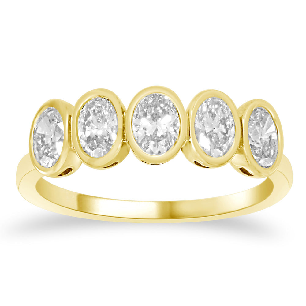 This Fashion Ring is available in 14K Yellow Gold. There are a total of 5 stones. There are Oval with a total carat weight of 1.04 set in a Bezel Set setting.