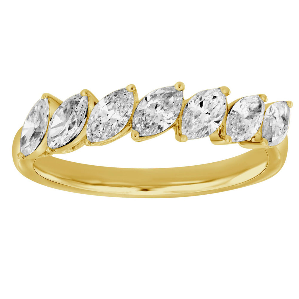 This Fashion Ring is available in 14K Yellow Gold. There are a total of 7 stones. There are Marquise with a total carat weight of 1.03 set in a Channel Set setting.