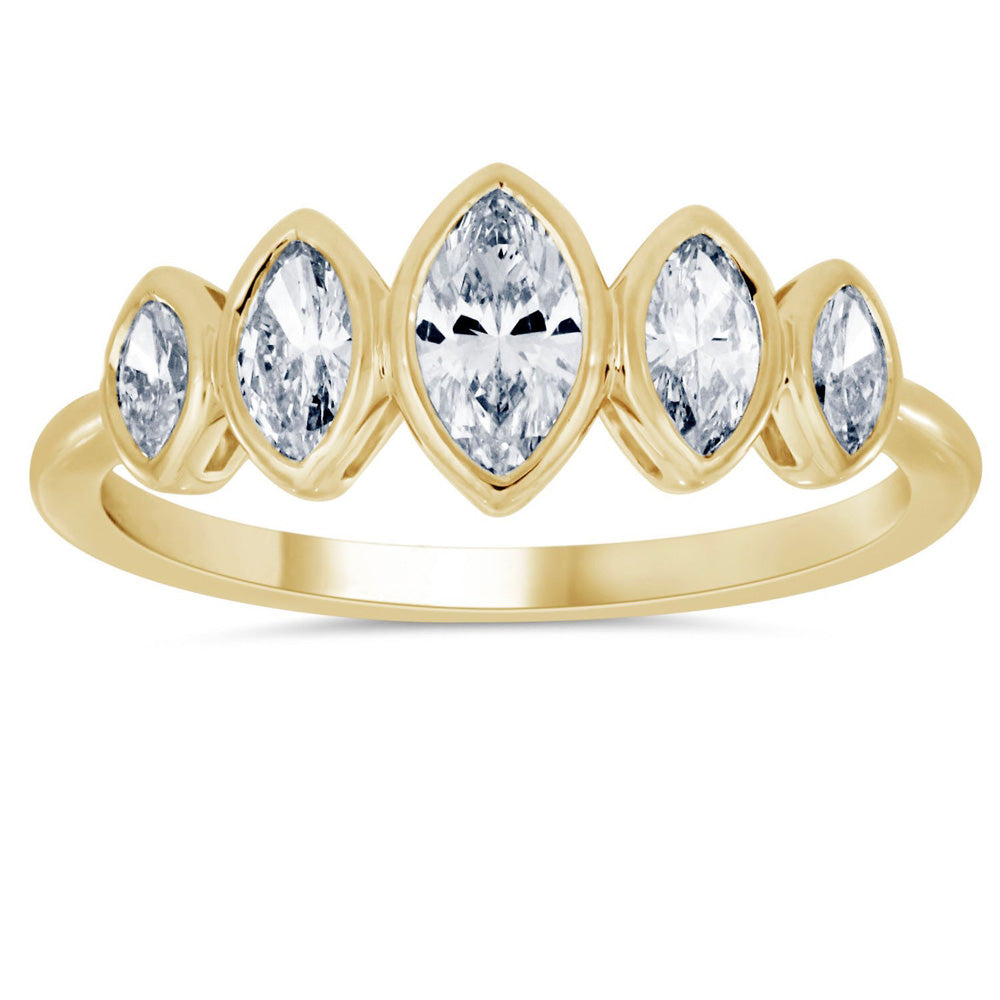This Fashion Ring is available in 14K Yellow Gold. There are a total of 5 stones. There are Marquise with a total carat weight of 0.75 set in a Bezel Set setting.