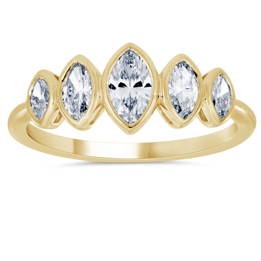 This Fashion Ring is available in 14K Yellow Gold. There are a total of 5 stones. There are Marquise with a total carat weight of 0.75 set in a Bezel Set setting.